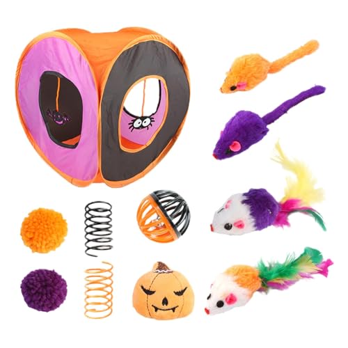 Monozoz Katzenspielzeug für den Innenbereich, Kitten Starter Kit Bundle | Niedlicher interaktiver Katzentunnel,Halloween-Katzen-Federstab, Ball, Frühlingsmäusespielzeug, faltbares quadratisches von Monozoz