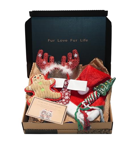 Monster J Weihnachtskostüm für Hunde 丨 Große Hunde-Geschenkbox mit Weihnachtsmannmütze, Lebmann und Weihnachtsbaum, quietschendes Hundespielzeug, Haustier-Krawatte, Geweih, Haarschlaufen für kleine von Monster J