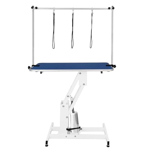 Hydraulischer Fellpflegetisch für Haustiere, höhenverstellbar, H-Stange, 180 kg Tragkraft, groß 106 cm x 61 cm, blaue Gummi-Oberseite, professioneller, robuster Stahlrahmen, weißer Rahmen, 4 von Monster Shop