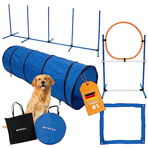 Montail® Agility Set Hunde groß & klein mit 2in1 System - Premium Hundetraining Zubehör - Slalom, Agility Hürde, Sprungring & Hundetunnel - Perfekt für den Park, Garten & Asphalt - Hundeparcour (60cm) von Montail