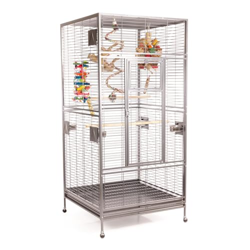 Montana Cages | XXL Voliere Papageienkäfig Arkansas Nova I, mit 4 Edelstahlnäpfen, stabile Lenkrollen, AVILON Pulverbeschichtet, Platinum, ca. 101,5 x 101,5 x 220 cm von Montana Cages