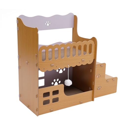 2-in-1 Doppellagige Katzenhaus aus Dichteplatten mit Wellpappe, Katzenhöhle Kratzbrett Wellpappe Bett mit Plüschball, Hausform Kratzmöbel Kratzpappe für Indoor (72x30x60 cm) von MooBeey