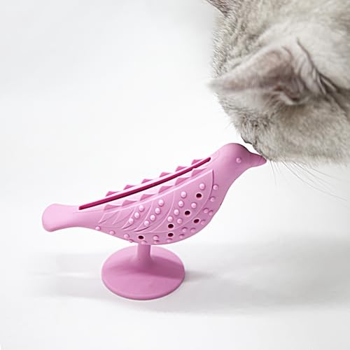 Mooipur Katzenspielzeug Vogel Slow Feeder, Futter-Leckerli-Futterspender für Indoor-Katze, Welpen-Kauzahnspielzeug, langlebiges Silikon, Katzen-Zahnpflege, interaktives Kauspielzeug mit Saugnapf, Rosa von Mooipur