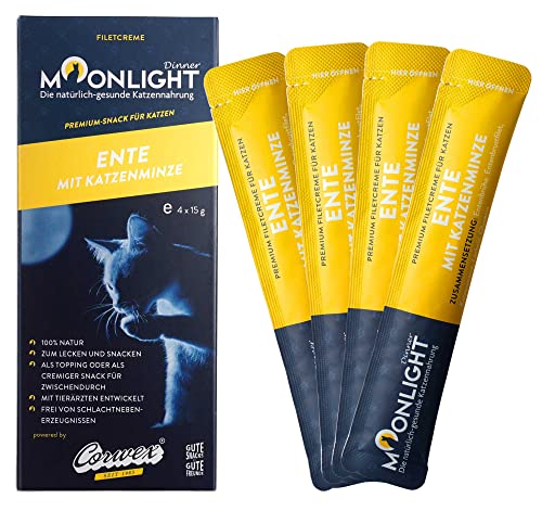 Moonlight Filetcreme mit Ente (60g - 1er Pack), Premium Snacks für Katzen - Praktische Sticks zum aus der Hand schlecken, Katzenleckerchen (4x15g) von Moonlight-Dinner