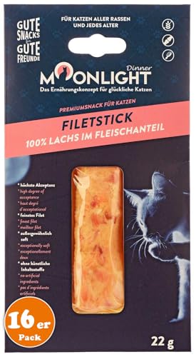 Moonlight Katzensnack Filet-Stick (16 x 22 g, Lachs), getreidefrei, 100% Lachs im Fleischanteil, Katzenleckerli mit hohe Akzeptanz, außergewöhnlich Soft von Moonlight-Dinner