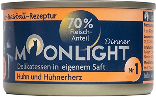 Moonlight Premium Nassfutter für Katzen, Nr.1 (80g Dose) - getreidefreie Rezeptur - Delikatesse im eigenen Saft - viel Fleischanteil, Huhn und Hühnerherz von Moonlight-Dinner