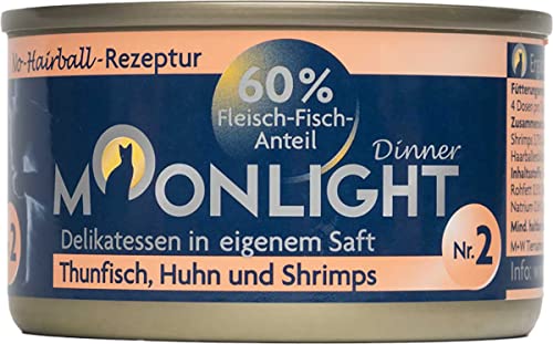 Moonlight Premium Nassfutter für Katzen, Nr.2 (80g Dose) - getreidefreie Rezeptur - Delikatesse im eigenen Saft - viel Fleischanteil, Thunfisch, Huhn und Shrimps von Moonlight-Dinner