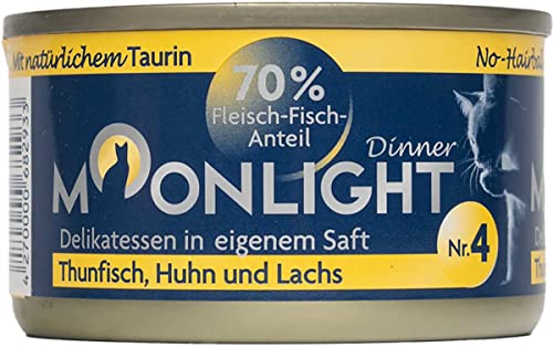 Moonlight Premium Nassfutter für Katzen, Nr.4 (80g Dose) - getreidefreie Rezeptur - Delikatesse im eigenen Saft - viel Fleischanteil, Thunfisch, Huhn und Lachs von Moonlight-Dinner