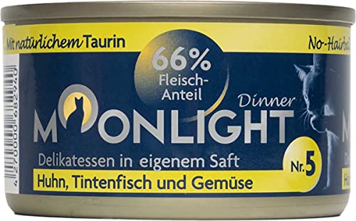 Moonlight Premium Nassfutter für Katzen, Nr.5 (80g Dose) - getreidefreie Rezeptur - Delikatesse im eigenen Saft - viel Fleischanteil, Huhn, Tintenfisch und Gemüse von Moonlight-Dinner