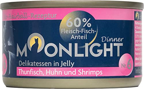 Moonlight Premium Nassfutter für Katzen, Nr.6 (80g Dose) - getreidefreie Rezeptur - Delikatesse im eigenen Saft - viel Fleischanteil, Thunfisch, Huhn und Shrimps von Moonlight-Dinner