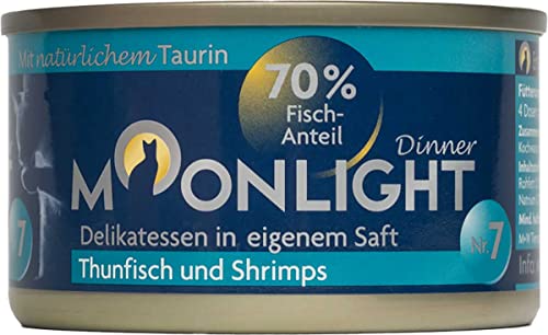 Moonlight Premium Nassfutter für Katzen, Nr.7 (80g Dose) - getreidefreie Rezeptur - Delikatesse im eigenen Saft - viel Fleischanteil, Thunfisch und Shrimps von Moonlight-Dinner