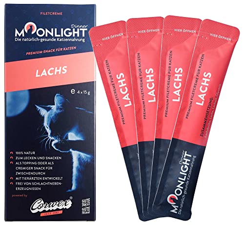 Moonlight Filetcreme mit Lachs (60g - 1er Pack), Premium Snacks für Katzen - Praktische Sticks zum aus der Hand schlecken, Katzenleckerchen (4x15g) von Moonlight-Dinner