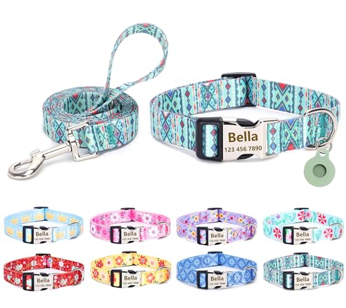 Moonpet Personalisierbares Hundehalsband mit Leine, Airtag-Halter, Etui-Set, individuelle Hundehalsbänder mit Namen, Telefonnummer für männliche, weibliche und große Hunde von Moonpet