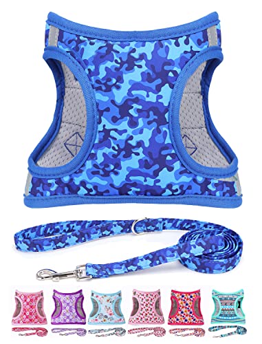 Moonpet Step in Air Hundegeschirr Leine Set – Reflektierendes Blumenmuster gepolsterte Netzweste Geschirr für Katzen, Welpen, extra kleine, kleine, mittelgroße Hunde - Blaue Tarnung -S von Moonpet