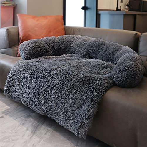 MoonxHome Haustier-Sofa-Schutz, beruhigendes Hundebett für große, mittelgroße Hunde, Plüsch-Hundematte, Hundesofa, universeller Haustiermöbelbezug mit weichem Nackenrolle, Sofa, Dunkelgrau, Größe M von MoonxHome