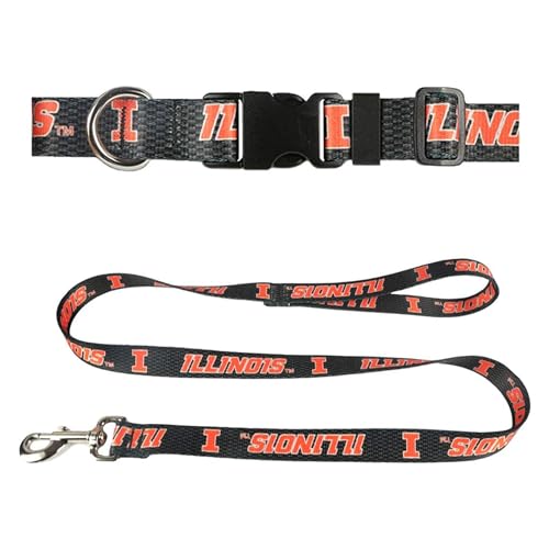 University of Illinois Hundehalsband & Leine, Set – passendes Hundehalsband & 1,8 m Hundeleine, 1,9 cm breites Halsband, verstellbar 29,8 cm – 43,8 cm, Größe M, Kohlefaser von Moose Pet Wear