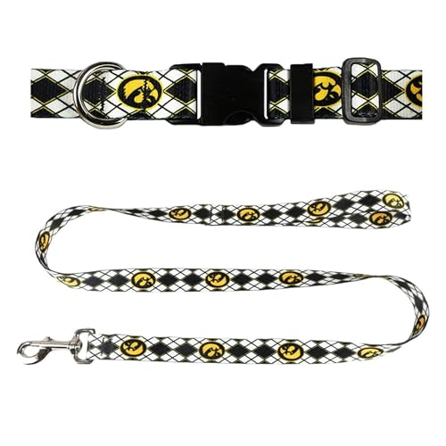 University of Iowa Hundehalsband & Leine, Set – Passendes Hundehalsband & 1,8 m Hundeleine, 1,9 cm breites Halsband, verstellbar 29,8 cm – 43,8 cm, Größe M, Argyle Hawk von Moose Pet Wear