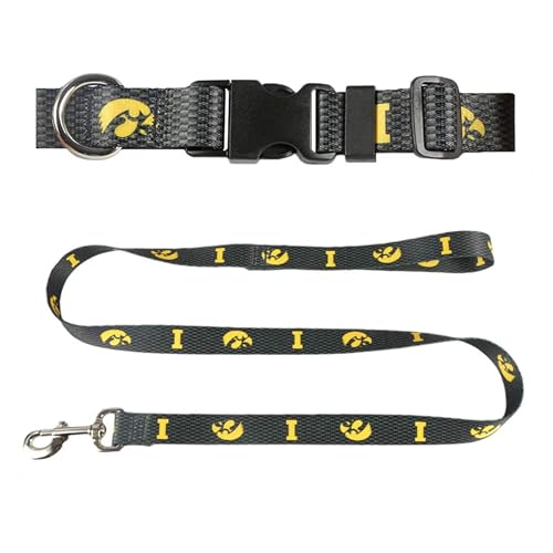 University of Iowa Hundehalsband & Leine, Set – passendes Hundehalsband & 1,8 m Hundeleine, 1,9 cm breites Halsband, verstellbar 29,8 cm – 43,8 cm, Größe M, Kohlefaser von Moose Pet Wear