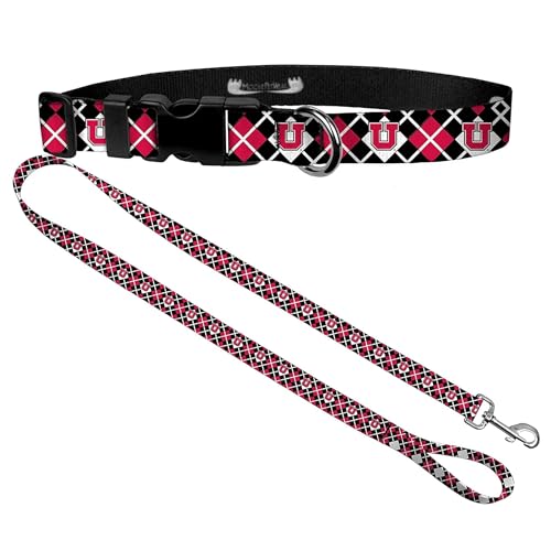 University of Utah Hundehalsband & Leine, Set – Passendes Hundehalsband & 183 cm Hundeleine, 1,9 cm breites Halsband, verstellbar 28 cm – 43 cm, Größe M, Rot Schwarz Argyle von Moose Pet Wear