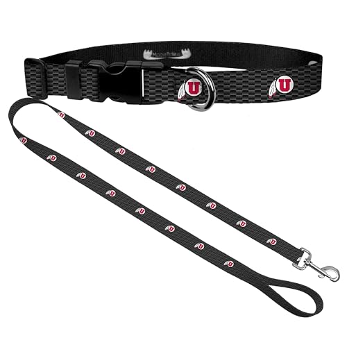 University of Utah Hundehalsband & Leine, Set – passende Hundehalsbänder & 1,8 m Hundeleine, 2,5 cm breites Halsband, verstellbar von 33 – 53,3 cm, Größe L, Kohlefaser, Grau von Moose Pet Wear