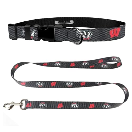 University of Wisconsin Hundehalsband & Leine, Set – passende Hundehalsbänder & 1,8 m Hundeleine, 2,5 cm breites Halsband, verstellbar 33 – 53,3 cm, groß, Kohlefaser, Grau von Moose Pet Wear