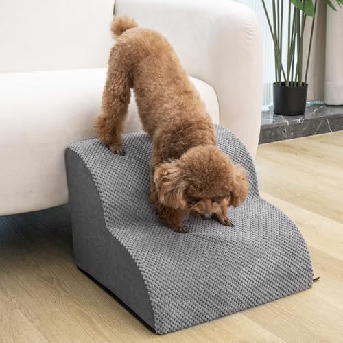 Mora Pets Hundetreppe für Kleine Hunde Haustiertreppe für Bett und Sofa Hunde Treppe rutschfeste Plüsch-Bezug waschbar Katzentreppe Hunderampe aus Schwamm 2 Stufen (30 cm hoch, Grau) von Mora Pets