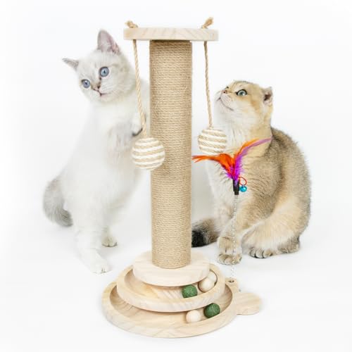 Mora Pets 4 in 1 Katzenspielzeug Selbstbeschäftigung Kratzbaum Klein Kratzsäule Interaktives Katzen Spielzeug aus Holz Kratzstamm für Katzen mit 2-Lagiger Drehteller Hängenden Ball und Feder 45CM von Mora Pets