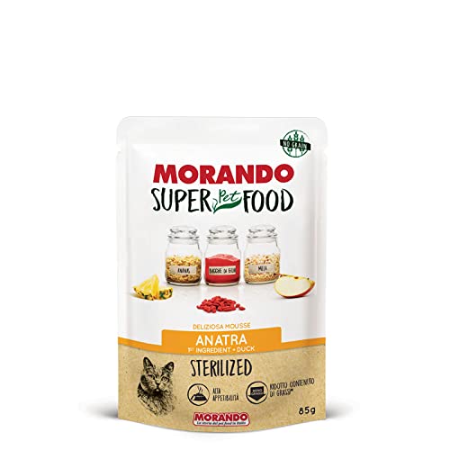 Morando Super Pet Food Mousse Nassfutter für Katzen (STERILIZED, 100% Made in Italy, Katzennassfutter, Hauptzutat: Ente, Nassfutter Katze, Portionsgröße: 85 g) von Morando