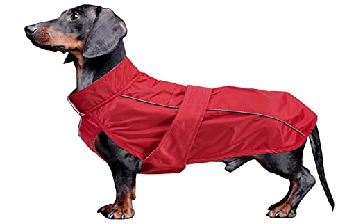 MOREZI Dachshund Regenmantel, wasserdichte Außenschicht, Fleecefutter, reflektierende Besätze, Verstellbarer Gürtel - geeignet für kleine und mittelgroße Hunde-Rot-L von Morezi