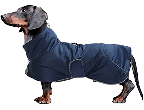 MOREZI Hundejacke ist eine wasserdichte, mit Fleece gefütterte Hundewinterjacke mit verstellbarem Gürtel und Reflexbesatz, geeignet für Dackel und ähnliche Rassen-Navy blau-S von Morezi