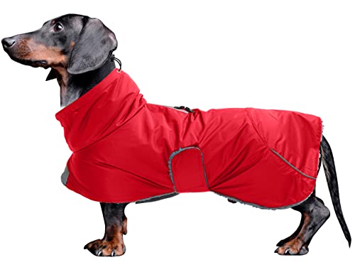 MOREZI Hundejacke ist eine wasserdichte, mit Fleece gefütterte Hundewinterjacke mit verstellbarem Gürtel und Reflexbesatz, geeignet für Dackel und ähnliche Rassen-Rot-L von Morezi