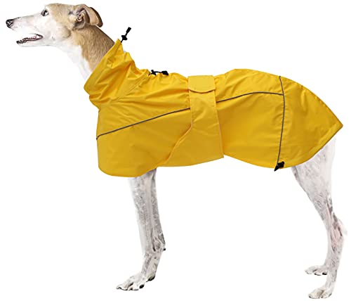 MOREZI Windhund-Regenmantel, regenfest/wasserdicht, hoher Bund mit verstellbarem Kordelzug und Hüftgurt, geeignet für Windhunde und ähnliche mittlere und große Jagdhunde-Gelb-2XL von Morezi