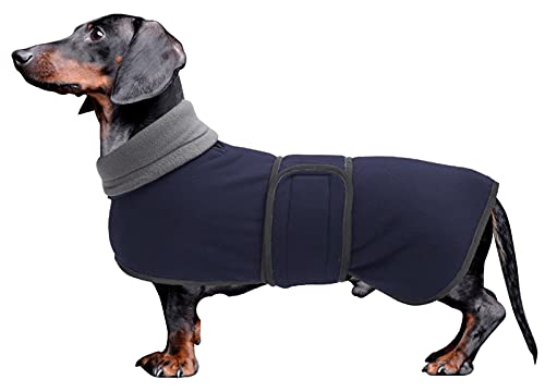 MOREZI Winterhundejacke mit wattiertem Flusenfutter, verstellbarem Klettknopf und hochklappbarem Stehkragen. Sehr gut geeignet für Dackel und kleine und mittelgroße Jagdhunde-Navy-XL von Morezi