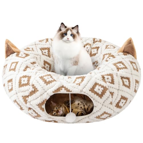 Morikey Katzentunnel mit Katzenbett für Indoor-Katzen, 3 in 1 Katzen-Donut-Tunnel, niedliches Katzenbett mit Kissen Guckloch und Katzenohr für Katzen, Kätzchen, Kaninchen, neues Jacquard-Muster, Braun von Morikey