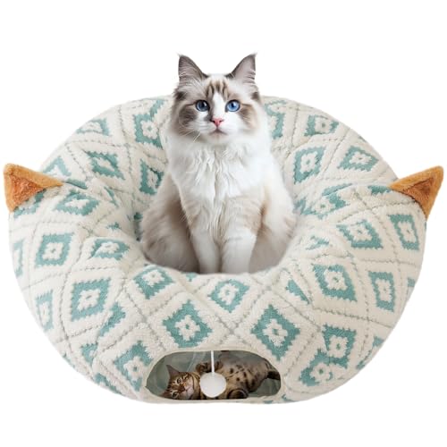 Morikey Katzentunnelbett für Indoor-Katzen, niedlicher Katzen-Donut-Tunnel mit waschbarem Kissen, 3-in-1-Katzen-Donut-Spieltunnel mit baumelnden Bällen für Katze, Kätzchen, Kaninchen, blaues von Morikey