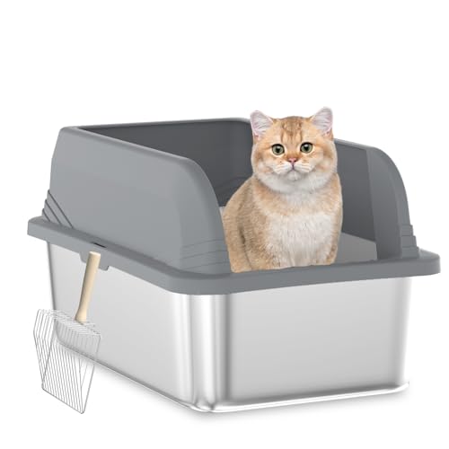 Katzentoilette aus Edelstahl mit Deckel, extra groß, hohe Seite, geschlossene Katzentoilette für kleine Katzen, auslaufsicher, leicht zu reinigen, auslaufsicher, Grau von Mornyray