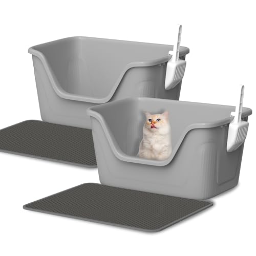 Katzentoilette für Katzen/Kätzchen, extra groß, hohe Seiten, 63,5 x 43,2 x 33 cm, offene Oberseite, tiefer Einstieg, mit Katzentoilette, Matte und Streuschaufel, Grau, L + L, 2 Sets von Mornyray