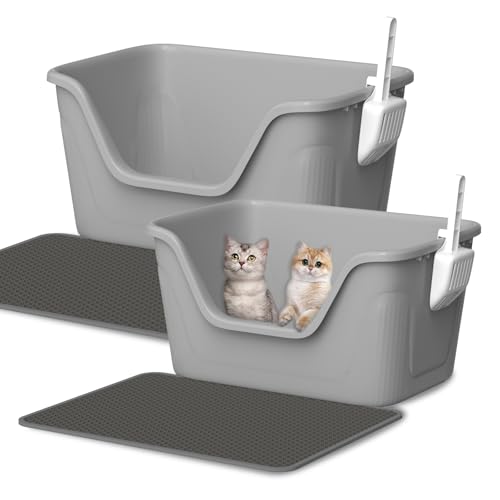 Katzentoilette für Katzen/Kätzchen, extra groß, hohe Seiten, 63,5 x 43,2 x 33 cm, offene Oberseite, tiefer Einstieg, mit Katzentoilette, Matte und Streuschaufel, Grau, L + XL, 2 Sets von Mornyray