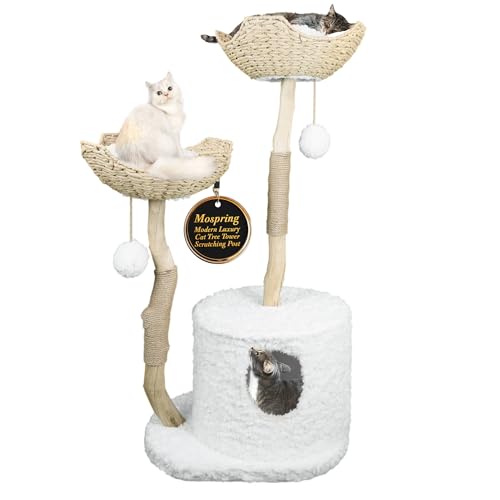 Mospring Katzenbaumturm | Moderne Katzenmöbel | Kratzbaum aus Echtholz | Große Katzenhütte | Multi-Cat Sitzstange | Weiß | 116,8 cm von Mospring