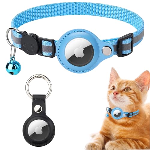 Mosucoirl AirTag Katzenhalsband mit Glocke, Verstellbares reflektierendes Kätzchenhalsband mit Apple Air Tag Halterung, Haustierhalsbänder für Katzen und Welpen (Blau) von Mosucoirl