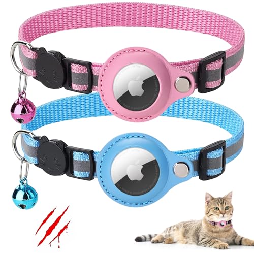 Mosucoirl AirTag Katzenhalsband mit Glocke, Verstellbares reflektierendes Kätzchenhalsband mit Apple Air Tag Halterung, Haustierhalsbänder für Katzen und Welpen (Blau-Rosa) von Mosucoirl