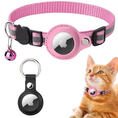 Mosucoirl AirTag Katzenhalsband mit Glocke, Verstellbares reflektierendes Kätzchenhalsband mit Apple Air Tag Halterung, Haustierhalsbänder für Katzen und Welpen (Rosa) von Mosucoirl