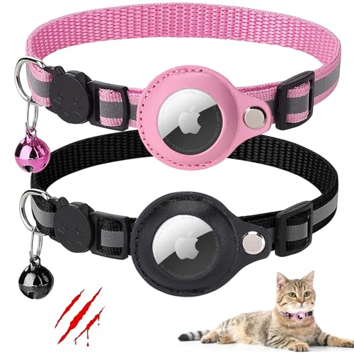 Mosucoirl AirTag Katzenhalsband mit Glocke, Verstellbares reflektierendes Kätzchenhalsband mit Apple Air Tag Halterung, Haustierhalsbänder für Katzen und Welpen (Schwarz-Rosa) von Mosucoirl