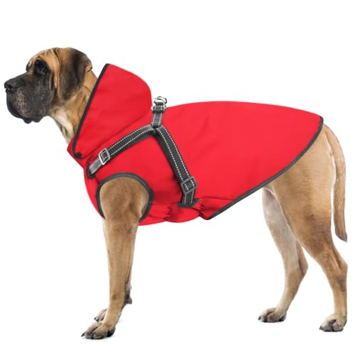 Mosucoirl Hunde-Regenmantel, wasserdicht, mit Kapuze, reflektierend, mit Kapuze, verstellbare Regenjacke für kleine, mittelgroße und große Hunde, Welpen (Rot, L) von Mosucoirl