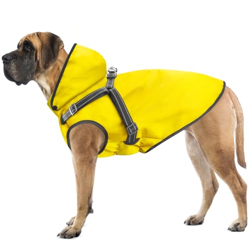 Mosucoirl Hunde Regenmantel Wasserdichter Hunde Kapuzenpullover Reflektierender Hunde Regenmantel mit Kapuze Verstellbare Regenjacke für kleine Mittelgroße und große Hunde und Welpen (Gelb, L) von Mosucoirl