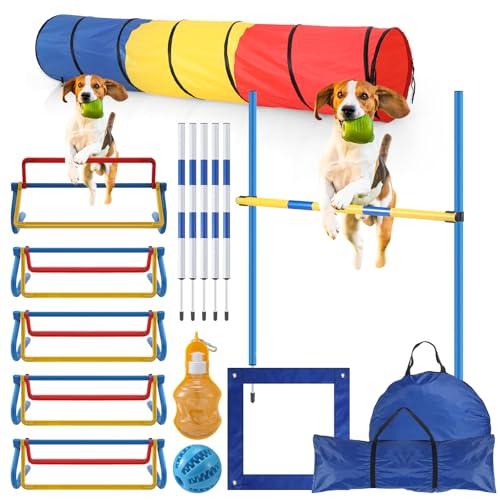 Motionchic Agility-Trainingsgerät für Hunde, mit Tunnel, Hürde, Stangen, Wasserflasche, Pausenbox, Spielzeugball und Aufbewahrungstasche, für Hindernislauf, Hund, Outdoor-Spiel, 16-teilig von Motionchic