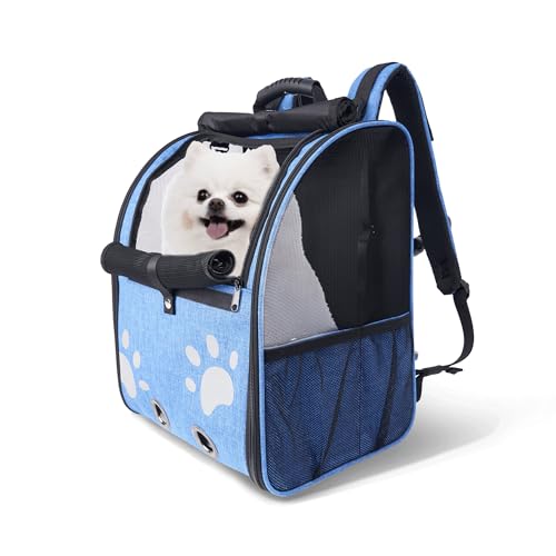 Katzen-Rucksack, für kleine und mittelgroße Haustiere, atmungsaktiv, großer Platz, belüfteter Netzstoff, für Wandern, Spazierengehen, Outdoor, bis 13,6 kg, Blau von Moysoon