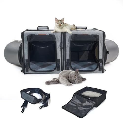 Katzentragetasche mit Katzentoilette, 2-in-1, tragbare doppelte Katzentragetaschen für 2 Katzen und Haustierunterstand, ideal für mehrere Katzen, weiches faltbares Design mit Schultergurt, kleine von Moysoon