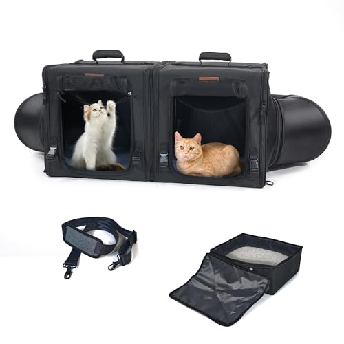 Moysoon Tragbarer Katzenkäfig mit zwei Fächern, bequeme Reisebox für Kätzchen, einfach zu falten und zu tragen, mit tragbarer Tragetasche, zwei Hängematten, Matten und zusammenklappbarer von Moysoon