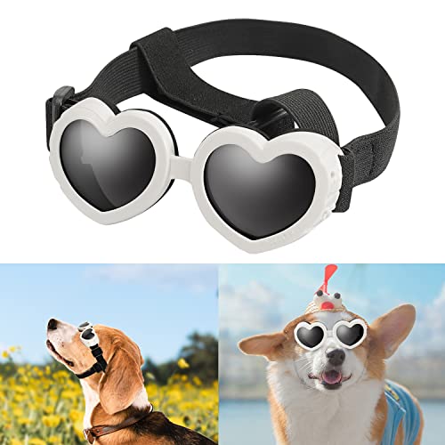 Sonnenbrille für kleine Hunde, UV-Schutz, Herzform, Welpenbrille, winddicht, wasserdicht, verstellbarer Riemen, Weiß von Moyubath